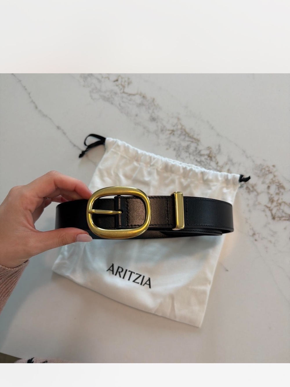 Aritzia Black Leather Belt with Gold Oval Buckle